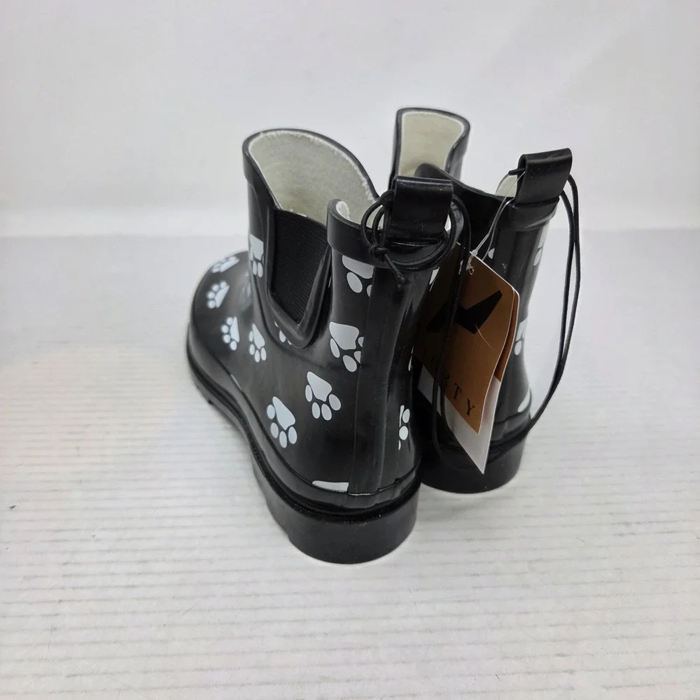 Norty Rain Boots Women 8 Black Paw Print Waterproof Chelsea Lug Sole 654 NWT - Picture 5 of 16